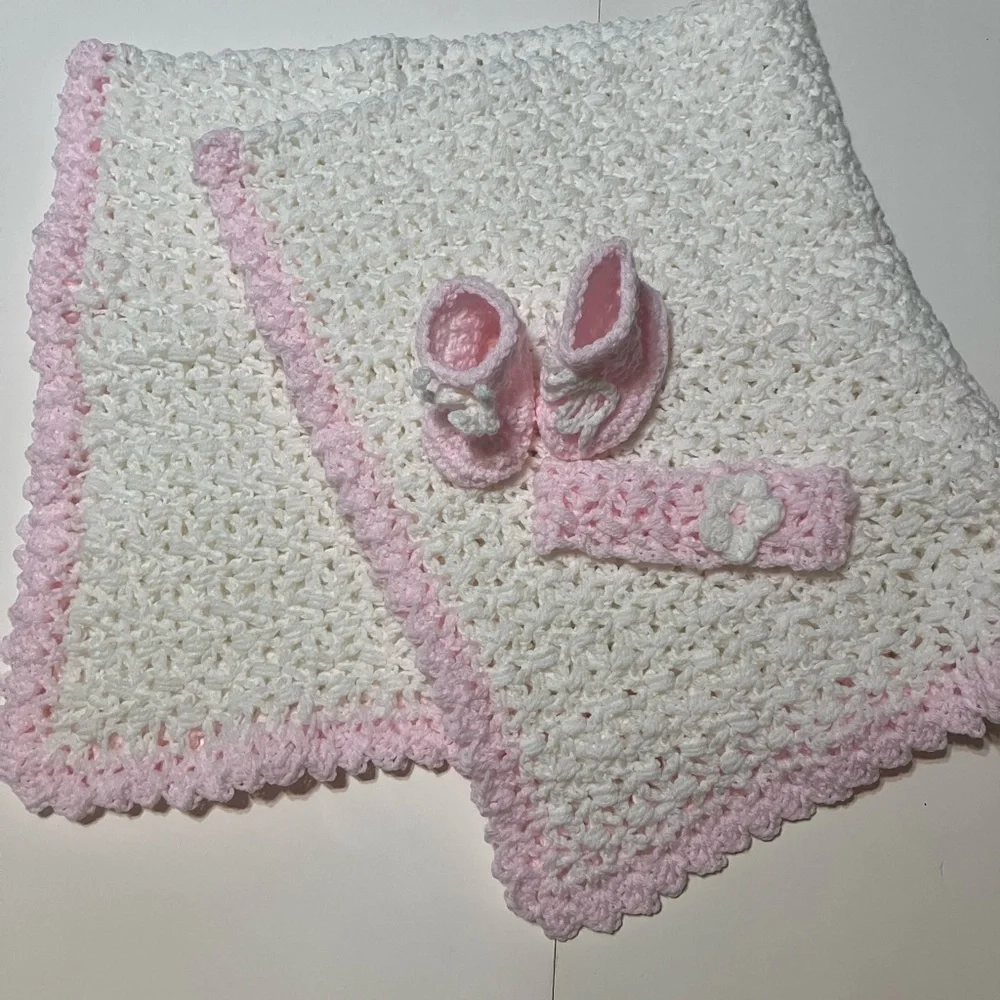 Hand Crafted Pink and White Baby Blanket Set